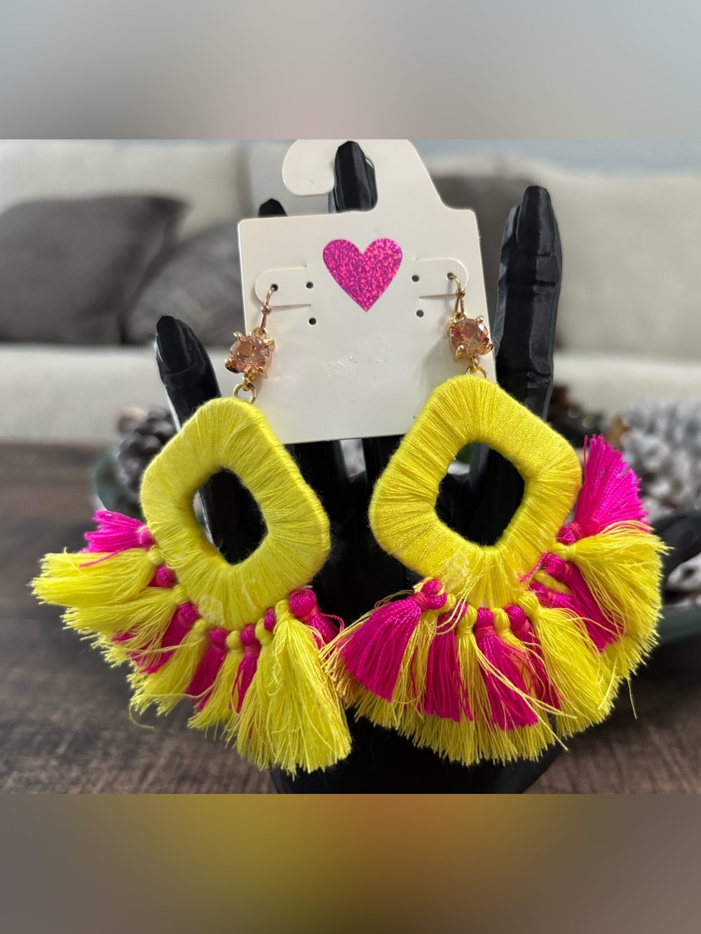 Bright Yellow & Hot Pink Tassel Statement Earrings